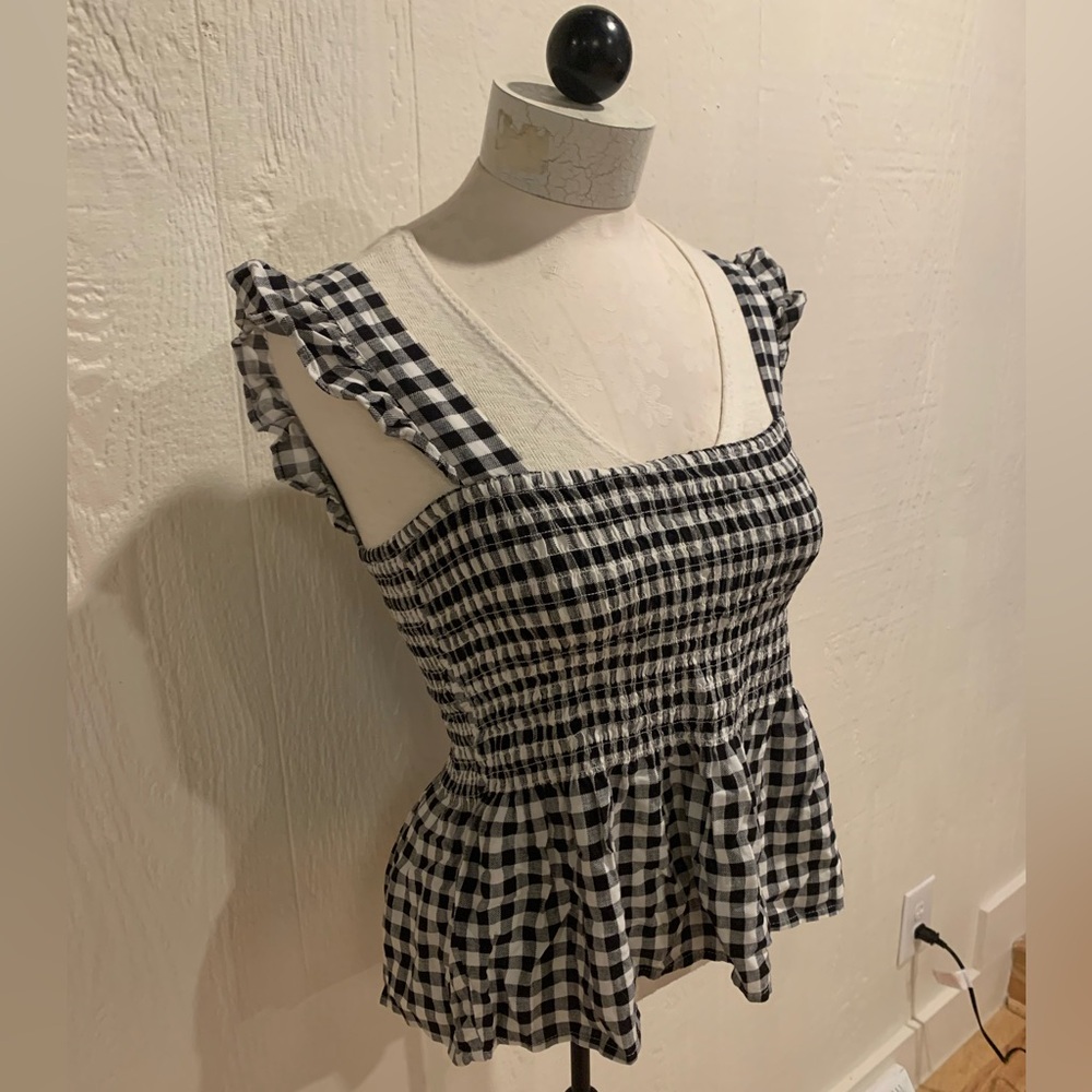 Gingham Black & White Checked Peplum Top